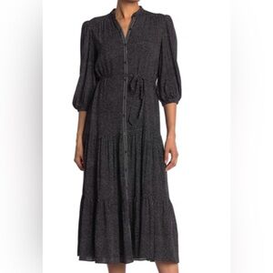 Max Studio Button Front Dress SM Black Midi Tiered 3/4 Puff Sleeve Tie Waist